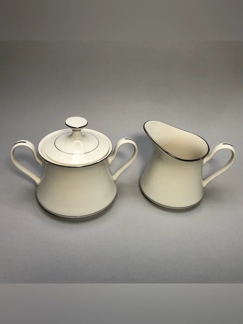 Fashion Manor Fine China Platinum Herald Sugar Bowl w/lid & Creamer Pitcher Set